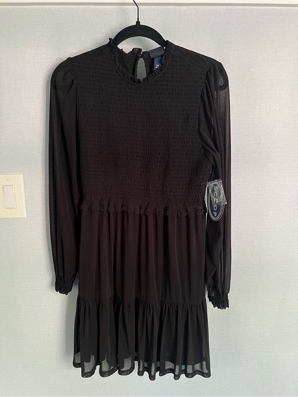 NWT SCOOP NYC Black Long-Sleeve Smocked Yoke Tiered Dress, sz XS
